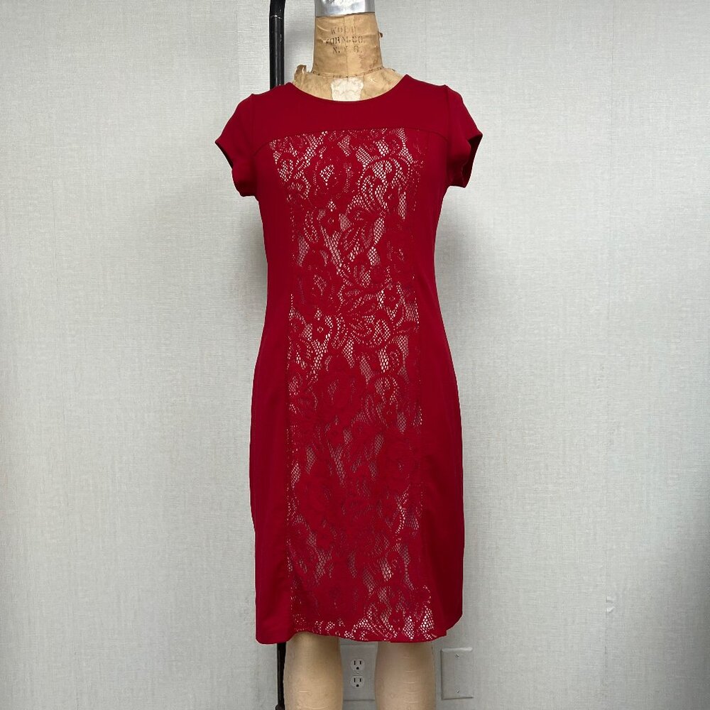 EUC Signature Collection Lace Front Illusion Body Con Red Dress Medium